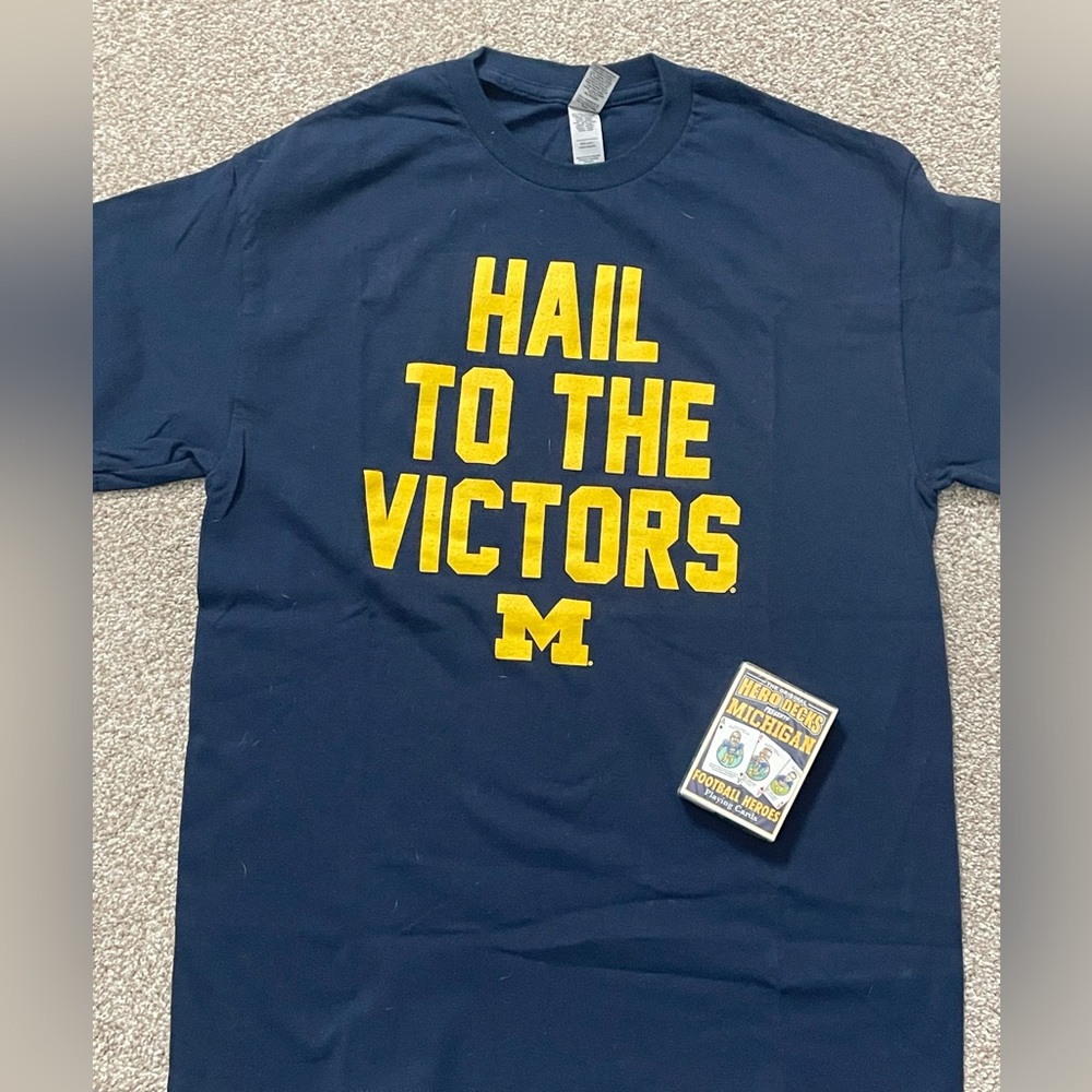 Navy Blue Michigan T-Shirt with Yellow Print & deck of playing cards.